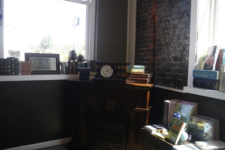 The fireplace at Vault Books and Brew.