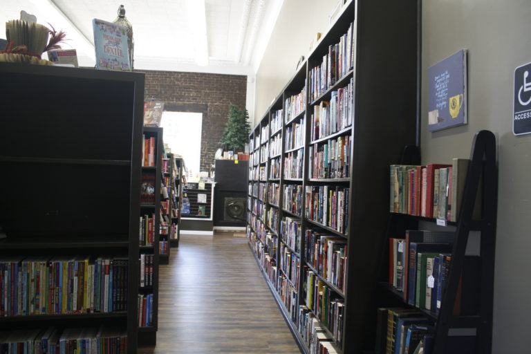 Bookshelves featuring the many books sold at the Vault.